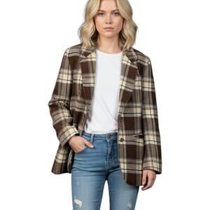 Vintage 80s Lizwear Tartan Plaid Womens Blazer Jacket Autumn Wool Blend Academia